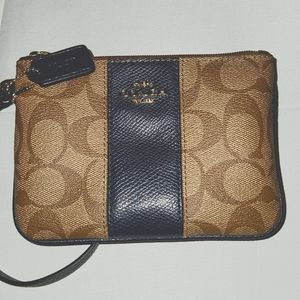 Coach Corner zip wristlet in Signature Canvas - Brown with Navy Stripe NWOT
